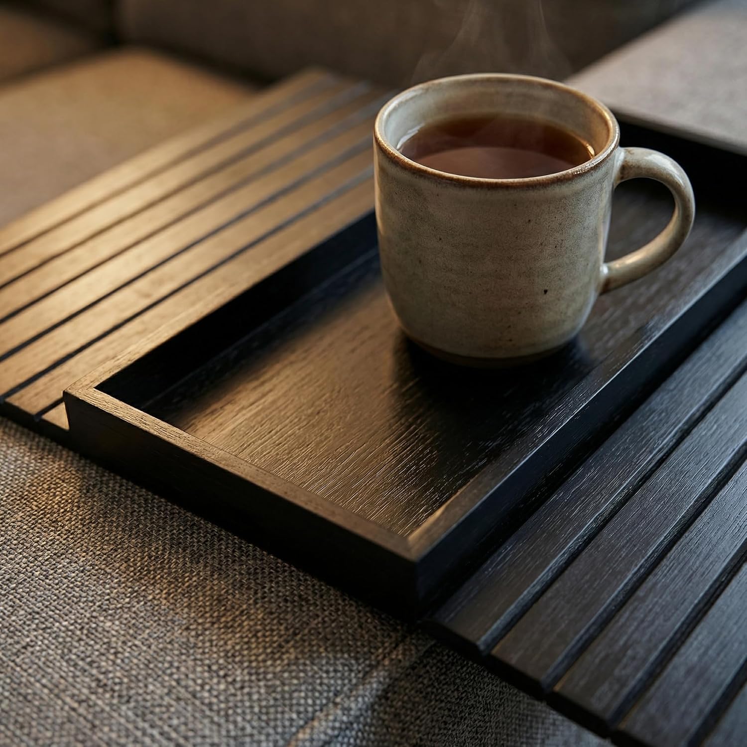 Couch Armrest Table, Bamboo Couch Cup Holder, Couch Cup Holder Tray, Sofa Arm Tray, Armchair Caddy 12.4" x 5.5" with Nonslip Felt Bottom, Sturdy Bamboo Slats for Armrests 6" and Wider (Black)
