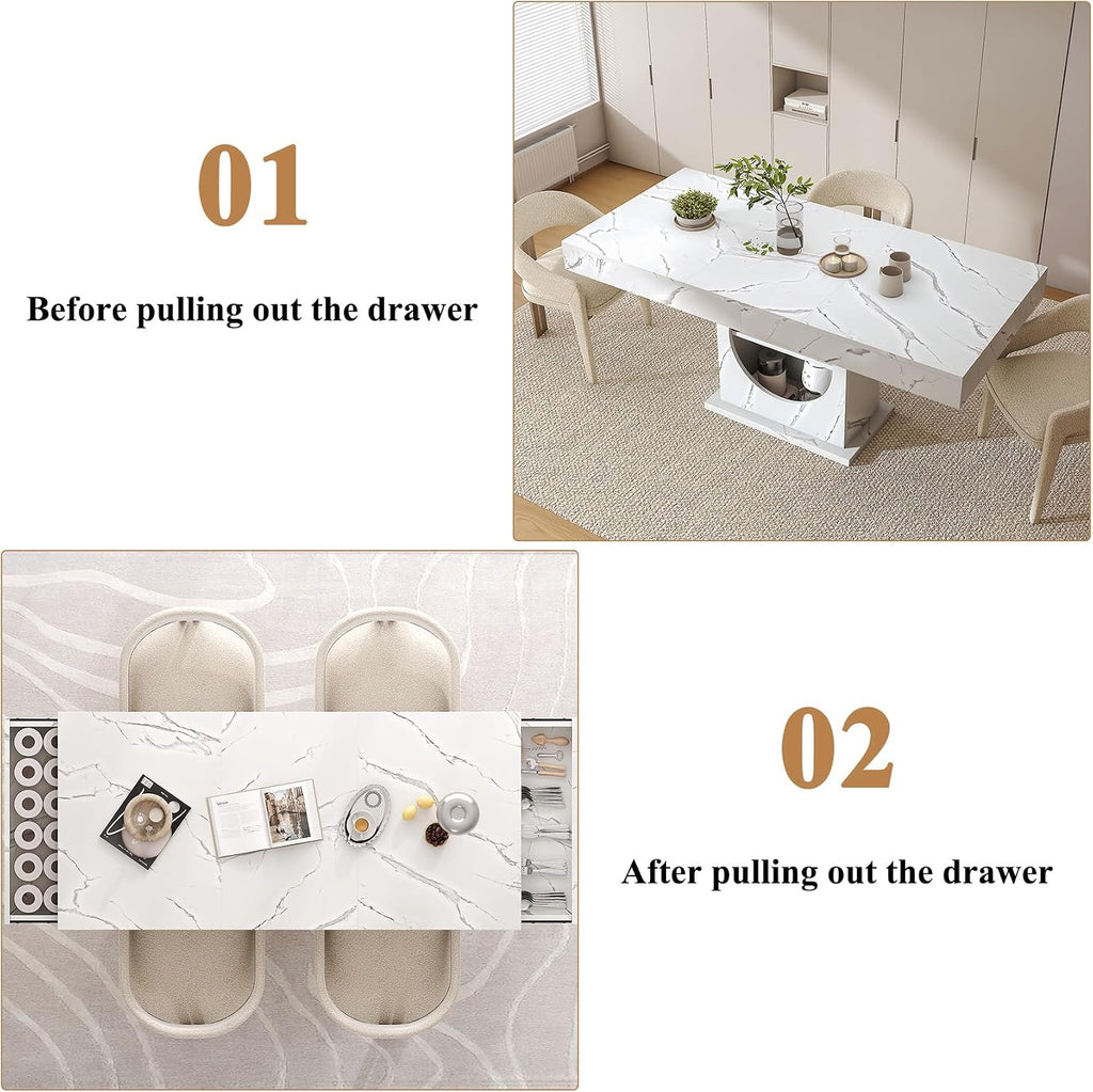 Dining Table for 4-6 People, 55 Inches Dinner Table with Drawers and Open Storage, Wooden Pedestal Base, Rectangular Farmhouse Kitchen Table for Kitchen, Living Room, Marble White