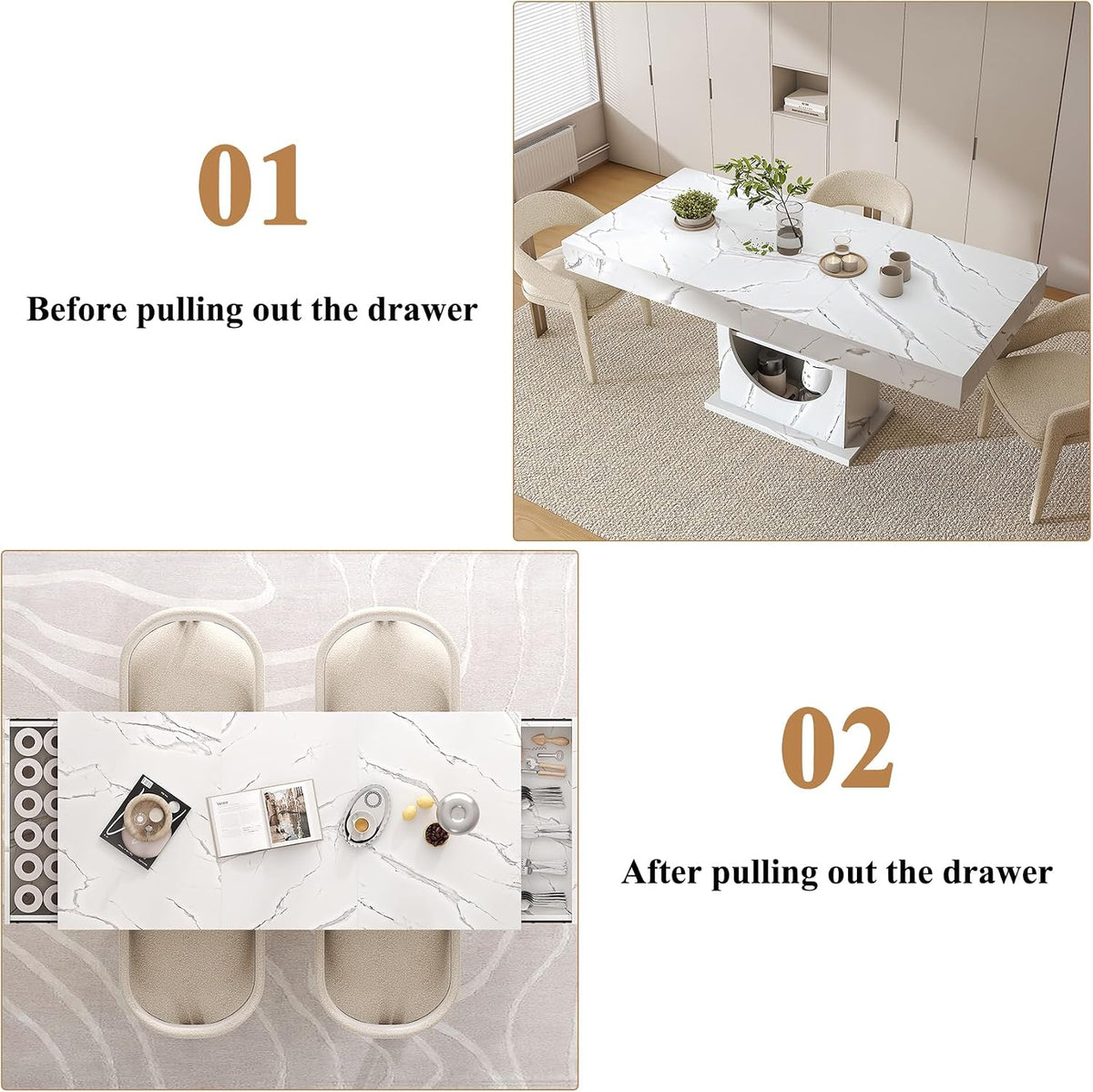 Dining Table for 4-6 People, 55 Inches Dinner Table with Drawers and Open Storage, Wooden Pedestal Base, Rectangular Farmhouse Kitchen Table for Kitchen, Living Room, Marble White