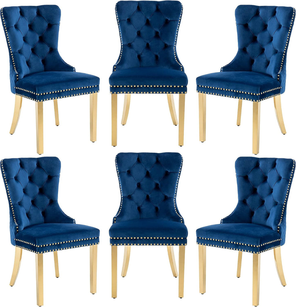 Dining Chairs Set of 6, High-end Back Lion Head Ring with Rhomboid Pattern | Elegant Button Tufting, Add Luxury to Dining Room, Bedroom, or Living Space, Durable Easy-clean Blue Velvet, Gold Legs