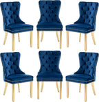 Dining Chairs Set of 6, High-end Back Lion Head Ring with Rhomboid Pattern | Elegant Button Tufting, Add Luxury to Dining Room, Bedroom, or Living Space, Durable Easy-clean Blue Velvet, Gold Legs