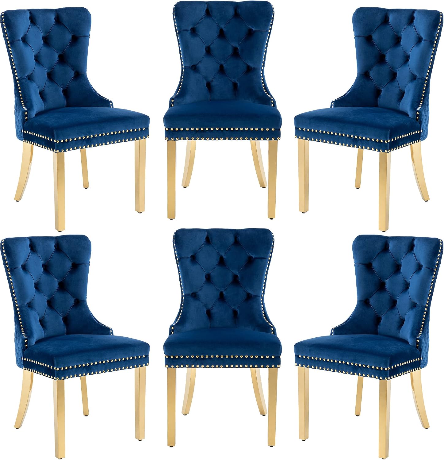 Dining Chairs Set of 6, High-end Back Lion Head Ring with Rhomboid Pattern | Elegant Button Tufting, Add Luxury to Dining Room, Bedroom, or Living Space, Durable Easy-clean Blue Velvet, Gold Legs