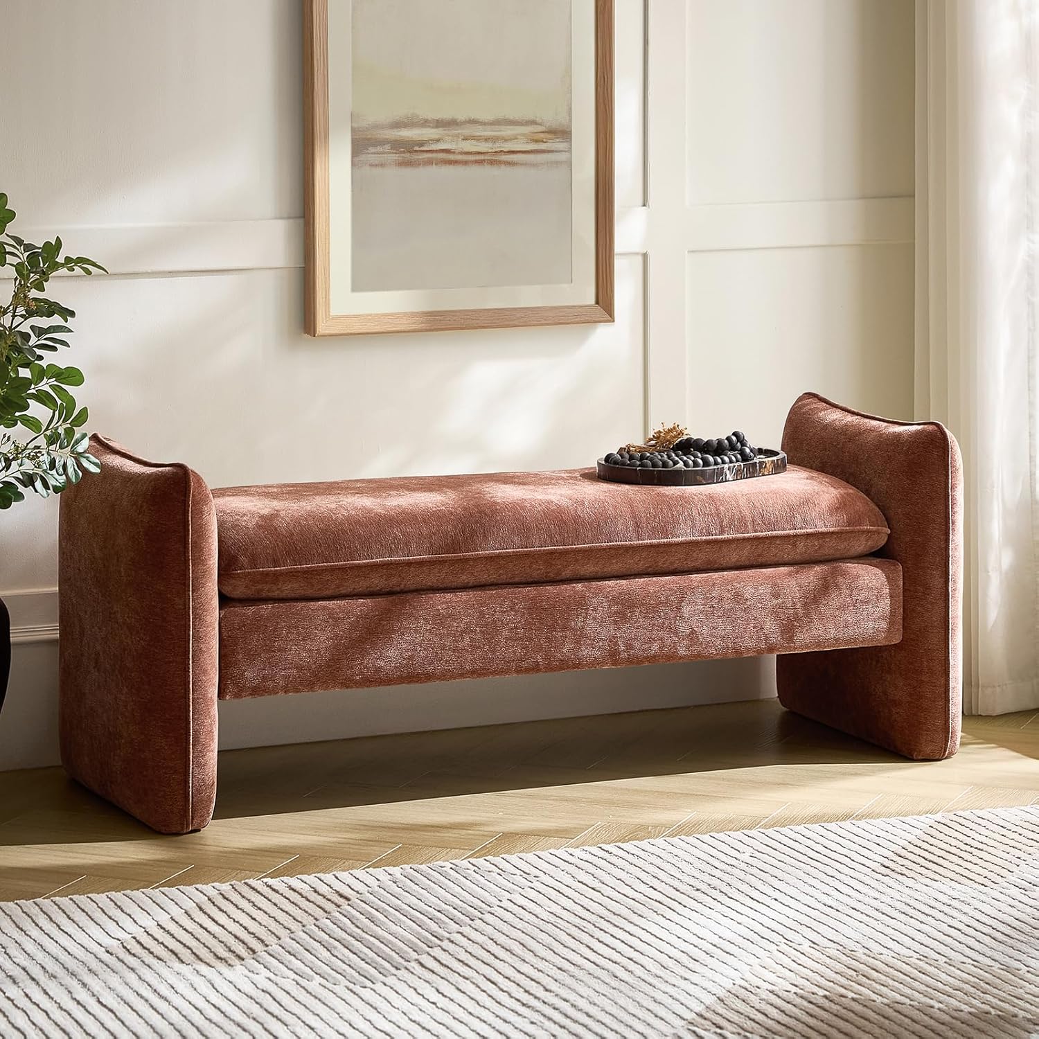 HULALA HOME 57.5" Modern Chenille Upholstered Bench, End of Bed Bench with Thick Padded Seat, Plush Cushion Bedroom Bench for Bedroom, Living Room, Rust