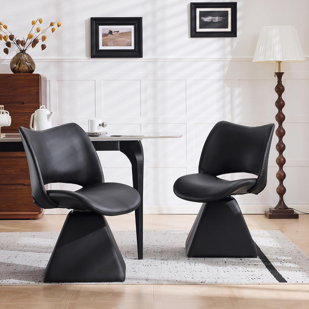 Henf Modern Upholstered Swivel Dining Chairs,Faux Leather Vanity Chair with Wave Shaped High Back, 360 Degree Rotating Mid Century Armless Side Chairs with Metal Base for Dining Room,Desk,Black