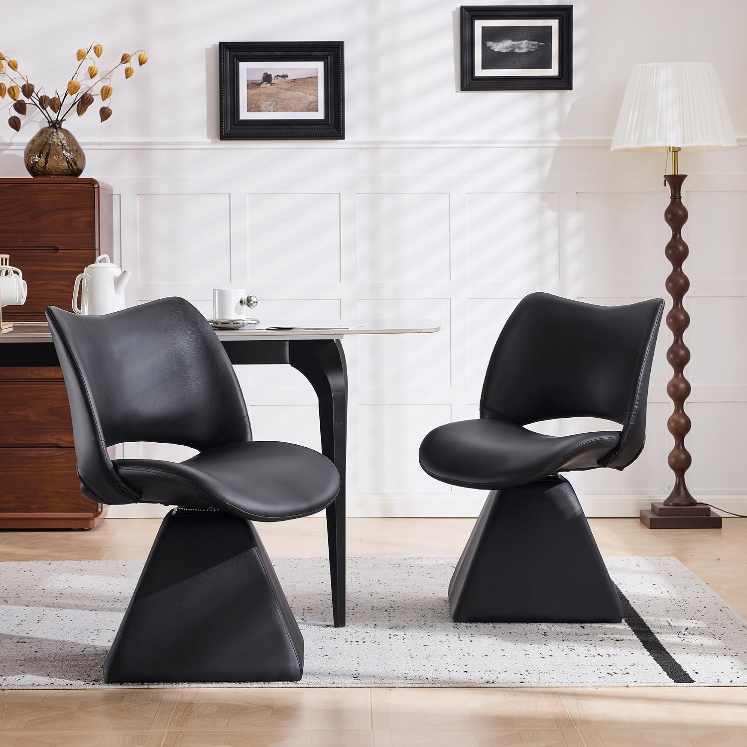 Henf Modern Upholstered Swivel Dining Chairs,Faux Leather Vanity Chair with Wave Shaped High Back, 360 Degree Rotating Mid Century Armless Side Chairs with Metal Base for Dining Room,Desk,Black