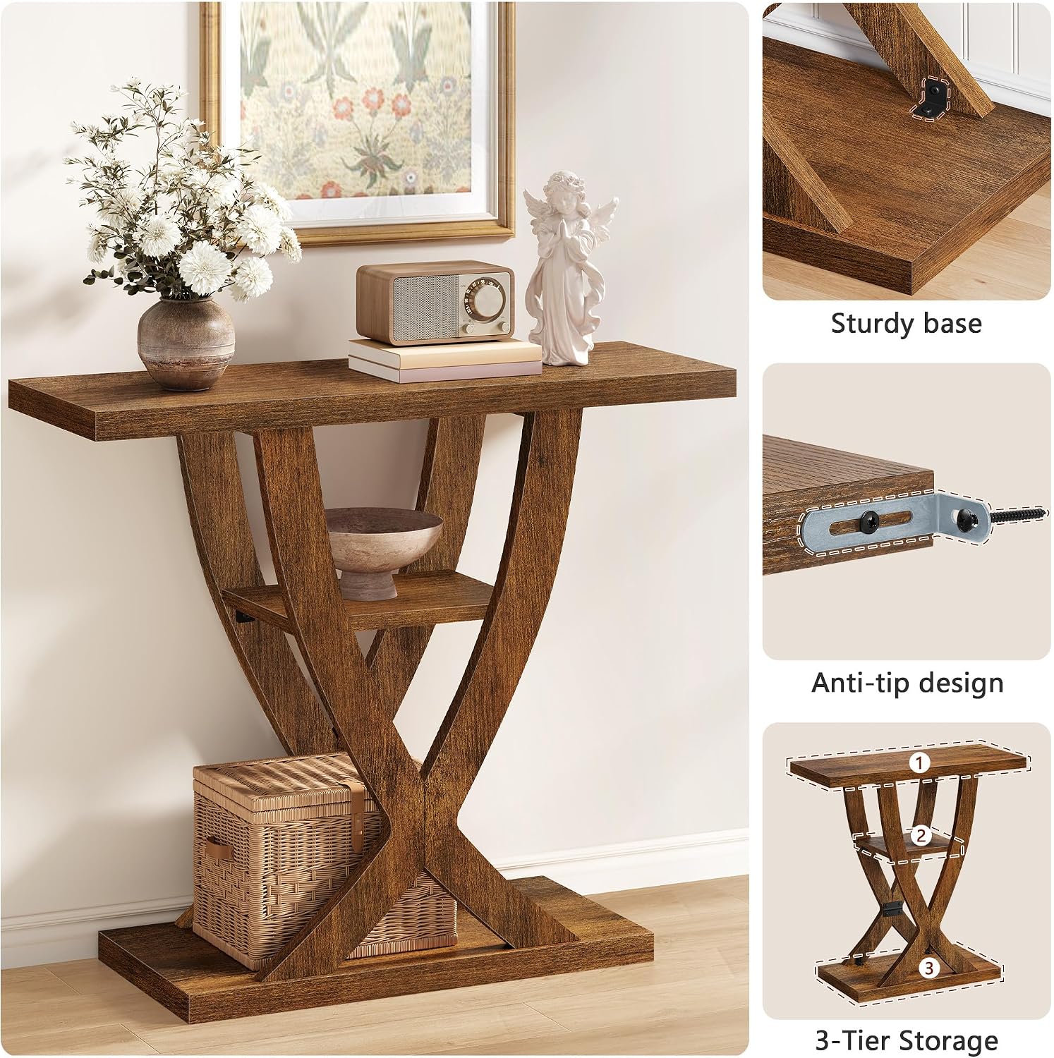FAVOOSTY Entryway Table, 3 Tier Hallway Table, Console Tables for Living Room, Narrow Entrance Table with Storage, Sofa Table Behind Counch, Accent Table for Entry Foyer, Rustic Brown