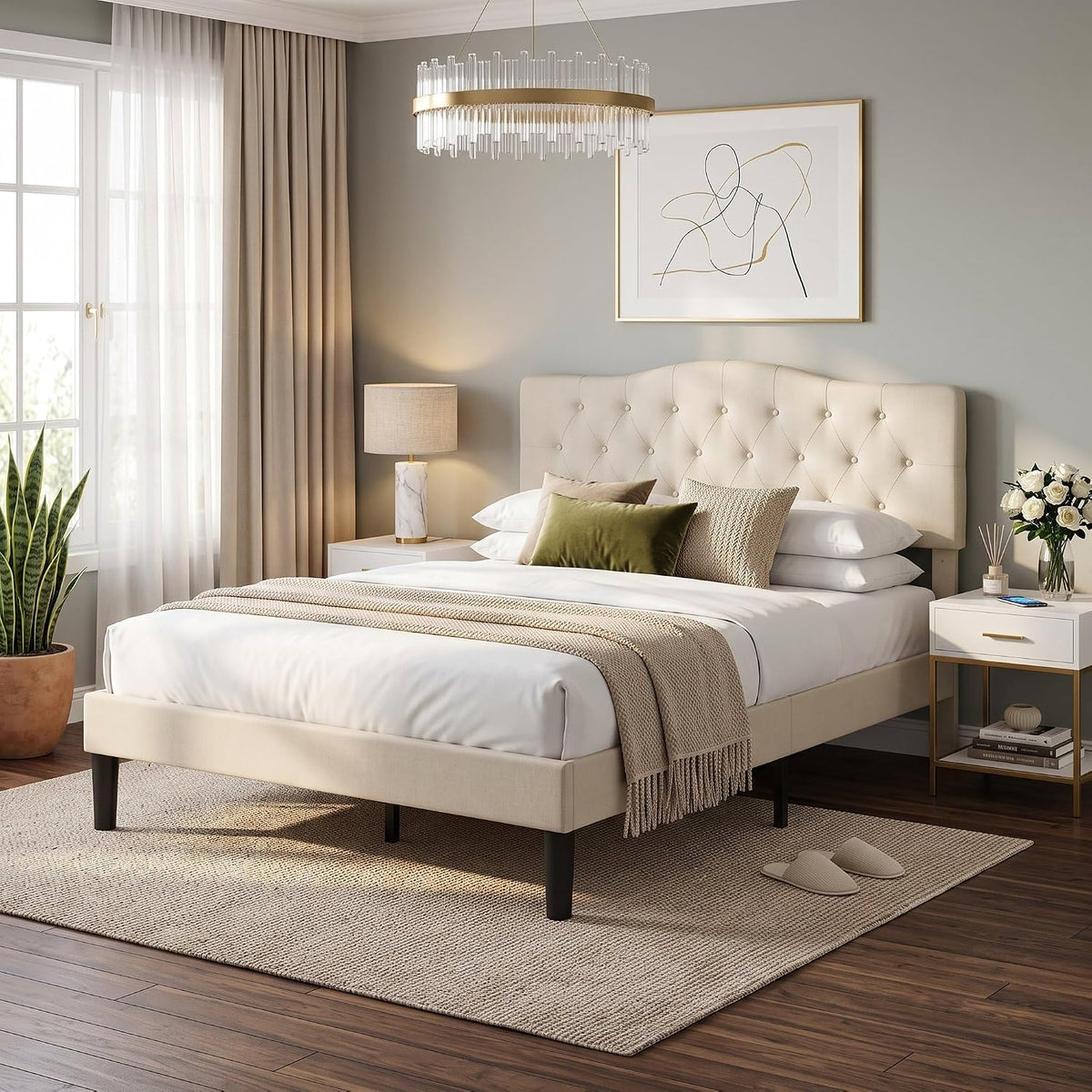 VECELO Queen Size Platform Bed Frame with Fabric Upholstered Headboard and Wooden Slats Support, No Box Spring Needed/Easy Assembly,Beige