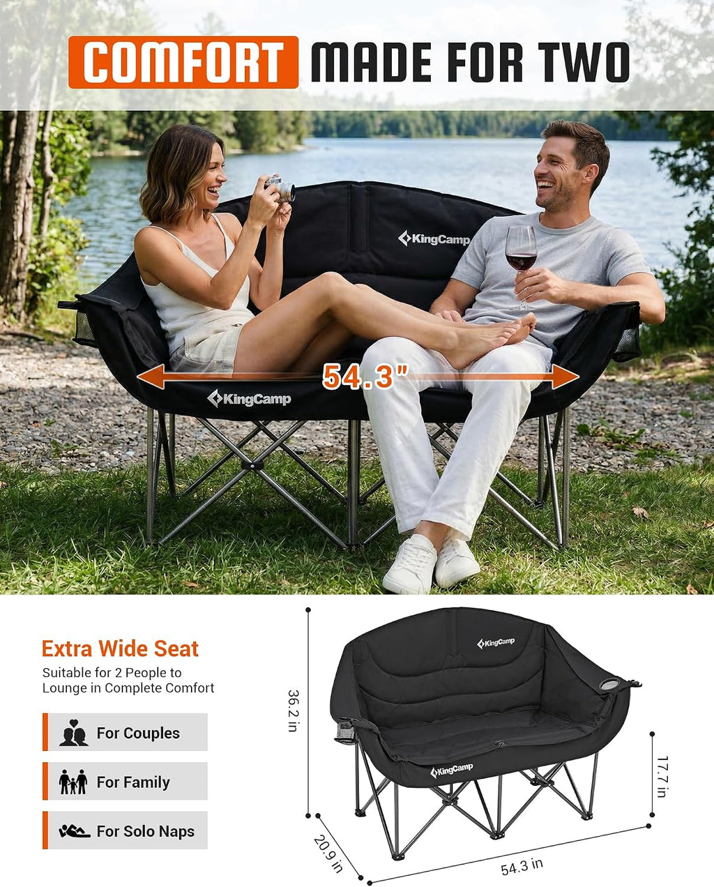 KingCamp Double Camping Chair, Heavy Duty 660lbs Folding 2 Person Chair | Portable Loveseat Couch Padded Comfortable Two Seat with Cup Holder&Carry Bag for Outdoor Lawn Backyard, Black