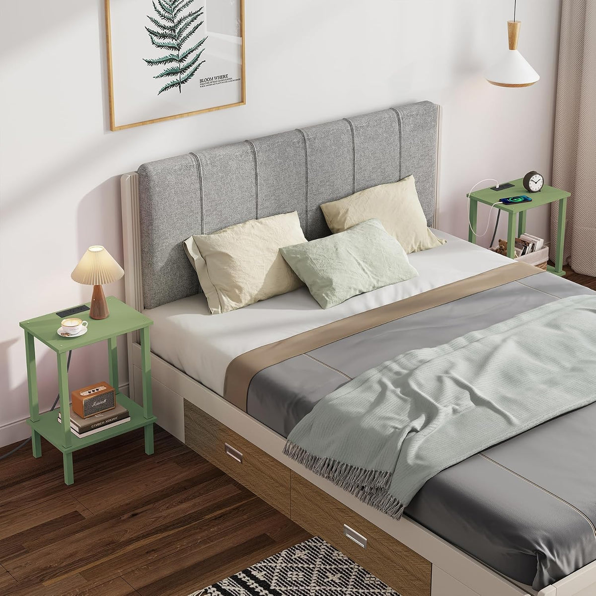TUTOTAK End Table with Charging Station, Small Side Table with Outlets, Nightstand Bedside Table, 2-Tier Storage Shelf for Small Space, Living Room, Bedroom, Olive Green TB01BOG040