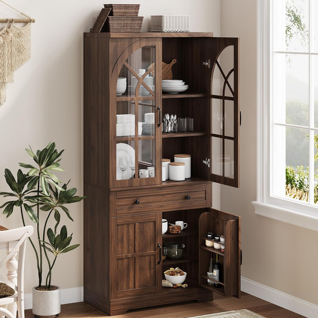 IDEALHOUSE 71.9" Tall Storage Cabinet with 30mm Thickened Board, Tempered Glass Doors & Anti-Tipping Kit, Pantry Storage Cabinet for Kitchen, Dining Room, Living Room