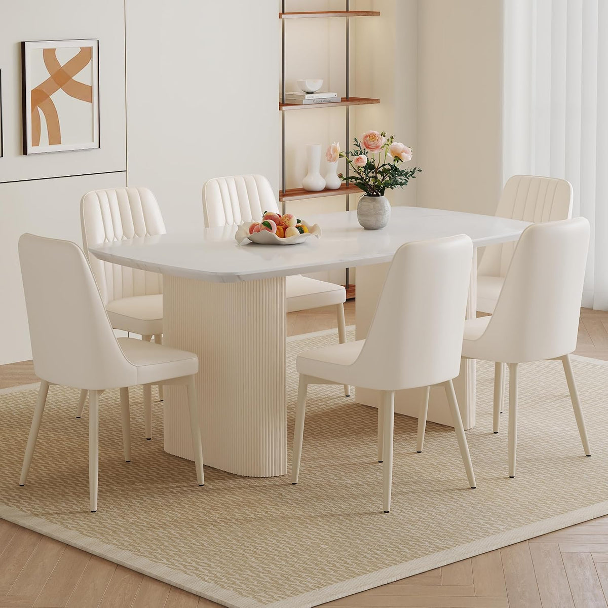 White Dining Table Set for 6, 67'' Marble Dining Table Set with 3.5'' Thick Cream White Oval Tabletop and Solid Column Base, Modern Kitchen Table Set with 6 Metal Legs Chairs