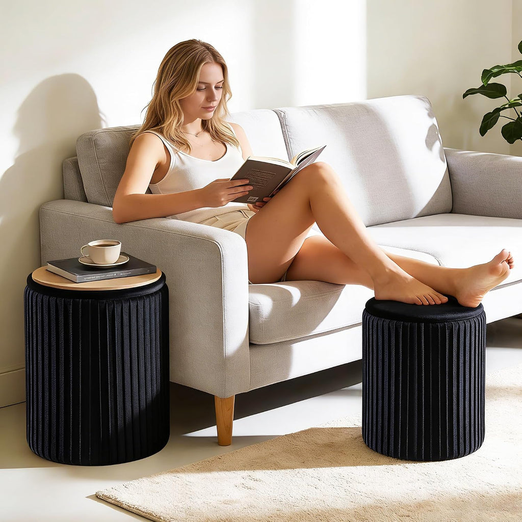 DUMOS Round Ottomans with Storage Set of 2, Vanity Stool, Foot Stool | 14.57"D x 18.11"H and 12.60"D x 14.96"H, Velvet Sturdy Ottoman for Living Room, Bedroom, Dorm, Small Apartment, Black