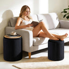 DUMOS Round Ottomans with Storage Set of 2, Vanity Stool, Foot Stool | 14.57"D x 18.11"H and 12.60"D x 14.96"H, Velvet Sturdy Ottoman for Living Room, Bedroom, Dorm, Small Apartment, Black