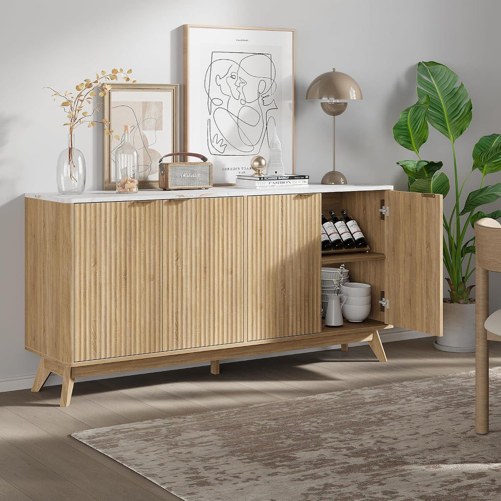 59'' Sideboard Buffet Cabinet with Storage, Fluted Cabinet with Rounded Corners, Modern Buffet Table Accent with 4 Doors for Coffee Bar, Console Table,Oak