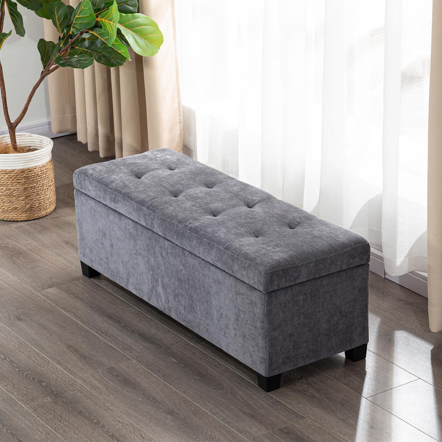 Asense Storage Ottoman Bench,42 inch Upholstered End of Bed Bench,Safety Hinge Storage Bench for Living Room,Bedroom,Entryway (42" Cotton-Linen Grey)
