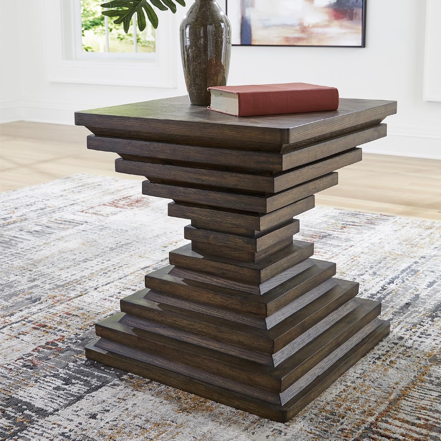 Signature Design by Ashley Hannodream Modern End Table with Architectural Geometry Design, Dark Brown