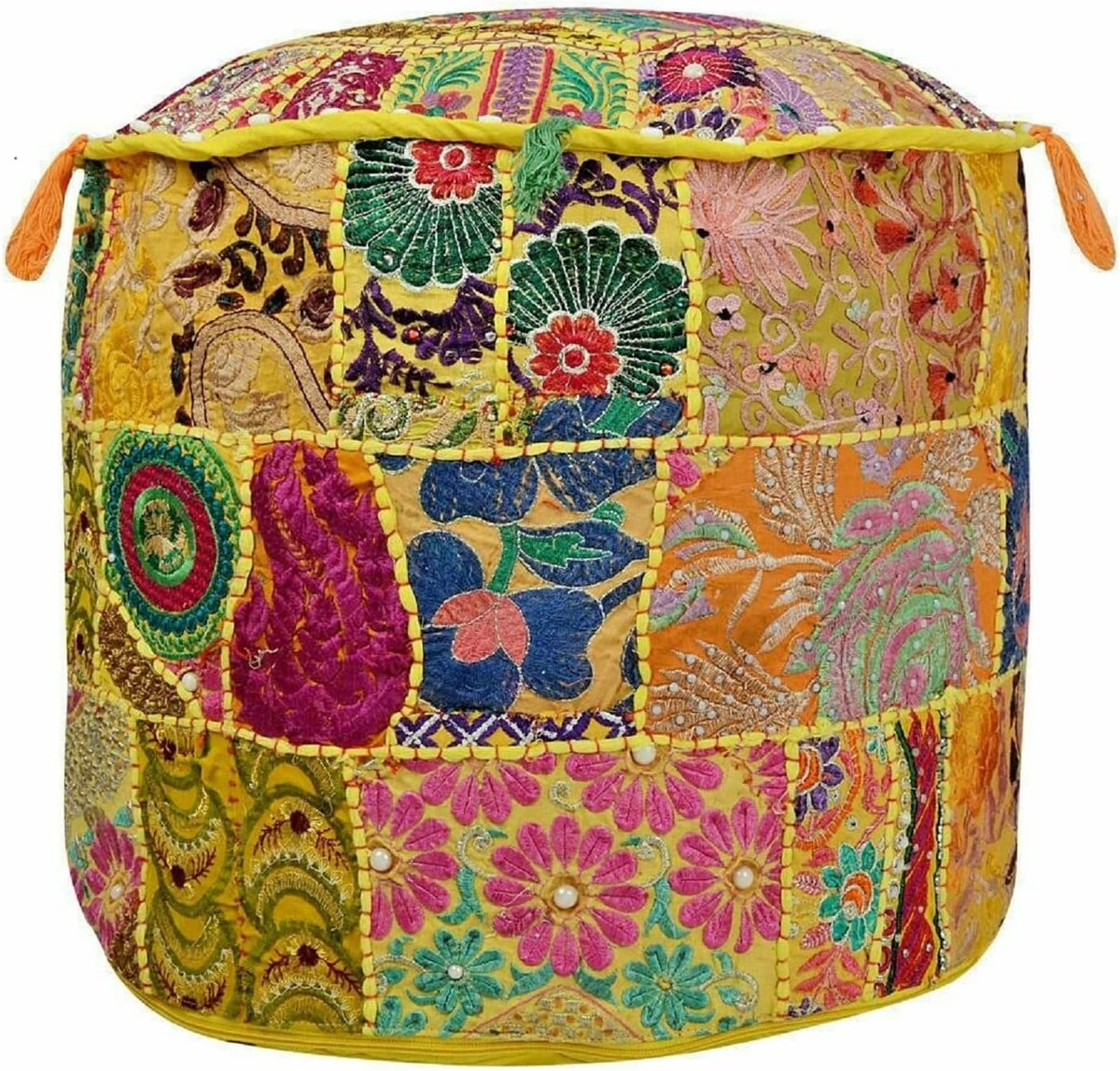 Indian Patchwork Round Ottoman Pouf Cover Vintage Moroccan Footstool Pouffe Cover