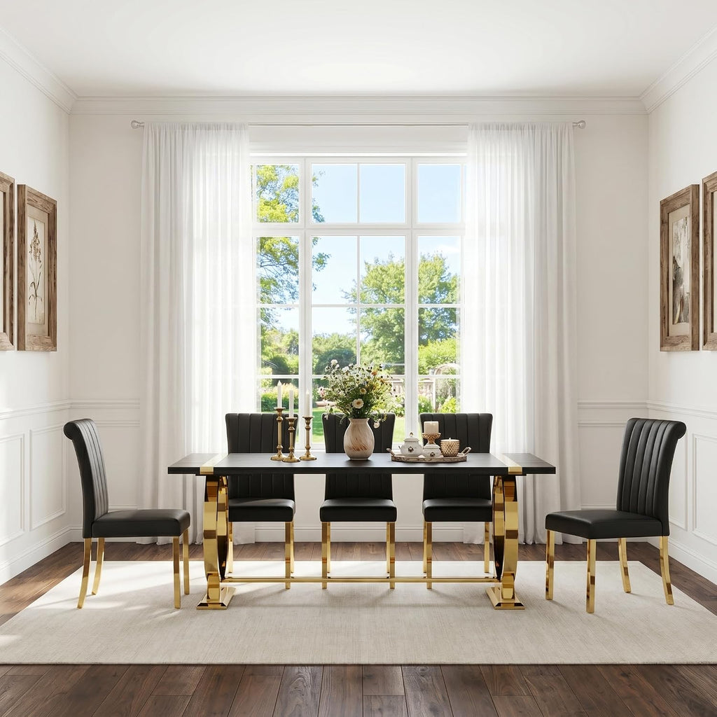 Asday 77" Wooden Dining Table for 6-8, Modern Rectangular Large Kitchen Table with Gold Polished Stainless Steel U-Shaped Base for DiningRoom Kitchen Dinner Home