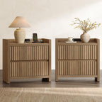 SICOTAS Night Stand Set 2 with Charging Station, Fluted Nightstands | Large Modern Nightstand with 2 Drawers for Bedroom, 25.4" Wide Bedside Table End Side Table for Sofa Side, Caramel Oak