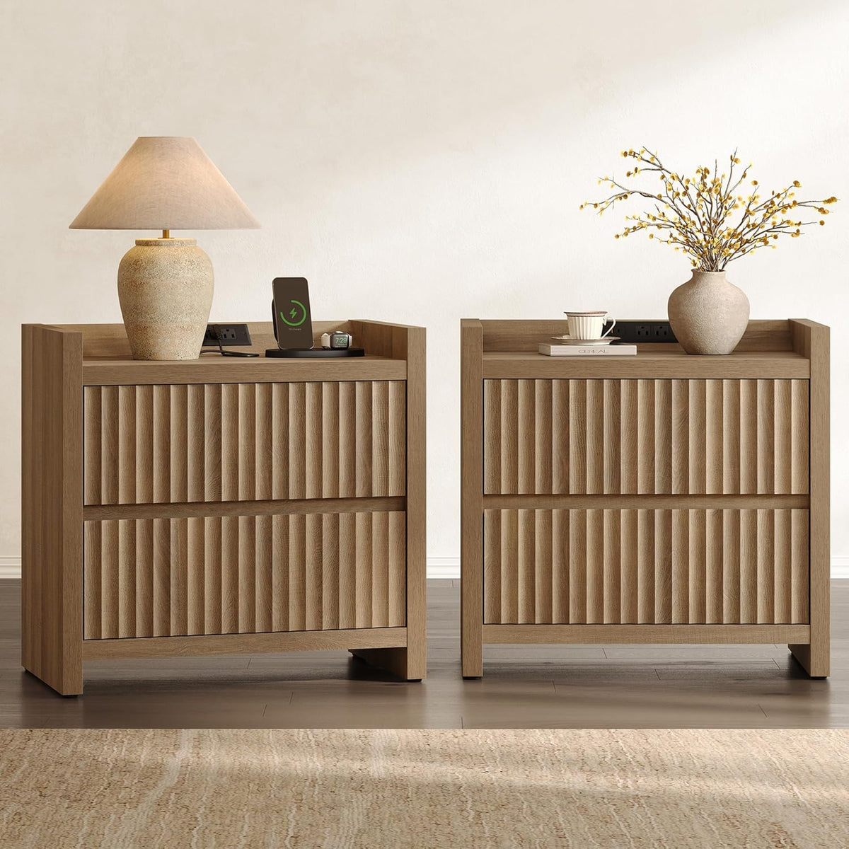 SICOTAS Night Stand Set 2 with Charging Station, Fluted Nightstands | Large Modern Nightstand with 2 Drawers for Bedroom, 25.4" Wide Bedside Table End Side Table for Sofa Side, Caramel Oak