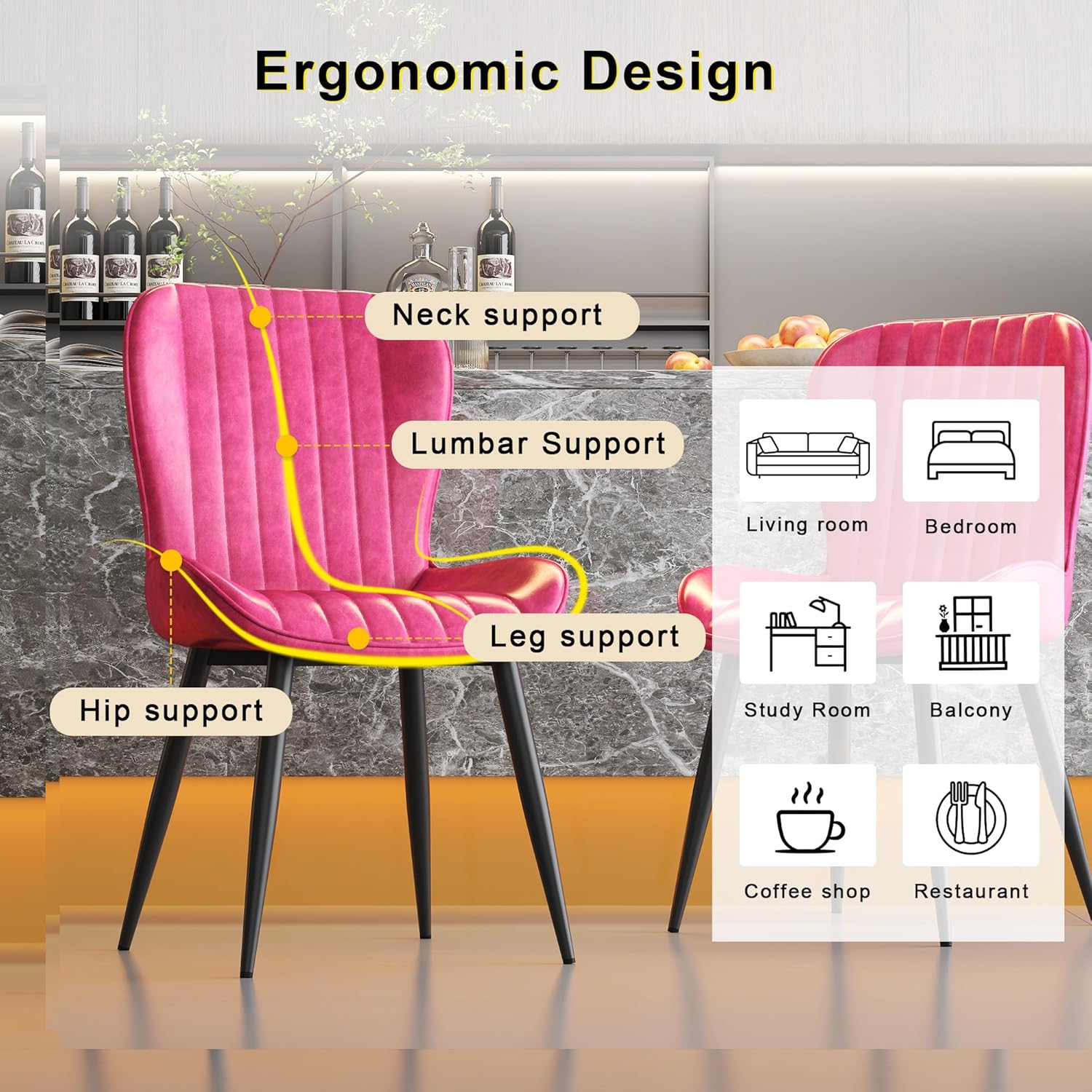 Dining Chairs Set of 2,Pink Leather Dining Chair Upholstered,Kitchen Chair,Modern Dining Room Chairs with Black Metal Legs Frame for Restaurant,Dining Room,Cafe