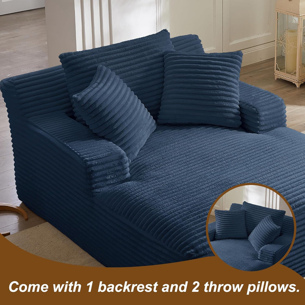 Oreada Oversized Floor Chaise Lounge Chair Indoor, 66" Corduroy Oversized Comfy Reading Sleeper Chair Sofa Chaise Couch Bed with 3 Fluffy Pillows, No Assembly Required, Blue