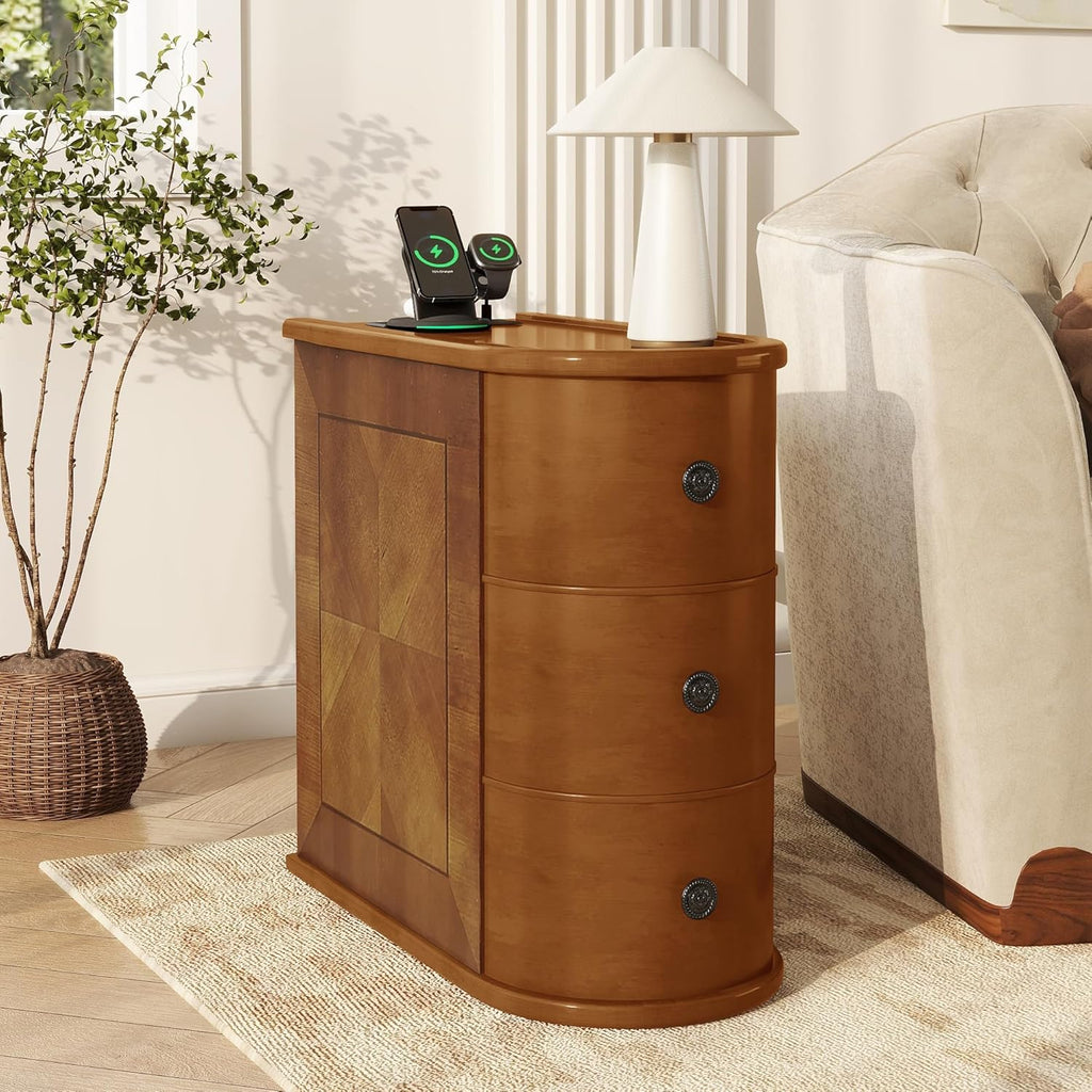 Narrow End Table with Charging Station, Wood Side Table with Drawers for Small Spaces, 3-Drawer Nightstand with Storage, Slim Bedside Cabinet for Living Room/Bedroom/Corner, Fully Assembled, Walnut