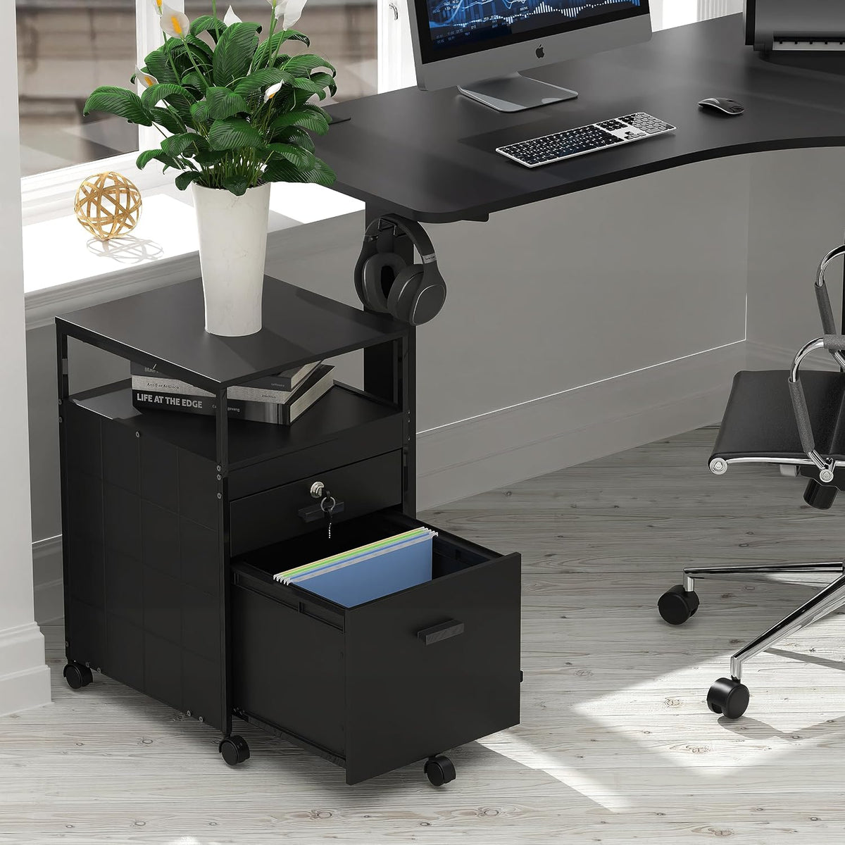 SHW Box File Rolling Mobile Cabinet with Lockable Drawer, Black | Open Shelf for easy access