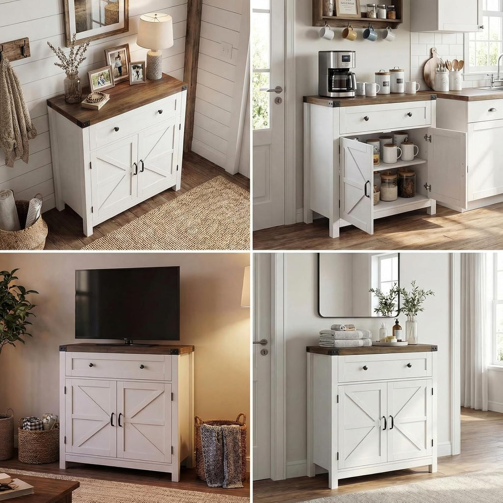 HOSTACK 31.5"W Kitchen Storage Cabinet, Farmhouse Coffee Bar Cabinet, White | Small Buffet Cabinet with Doors & Wide Drawer, Wood Sideboard Buffet, Entry Table w/ Adjustable Shelf for Dining Living Room