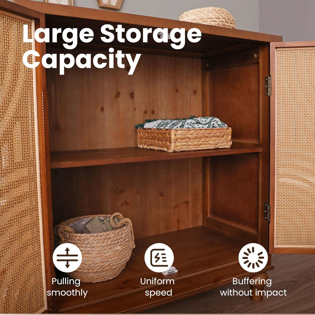 PHI VILLA Accent Cabinet with Door, Small Buffet Sideboard Cabinet with Rattan Door, 2 Door Storage Cabinets