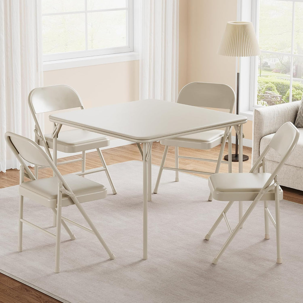 IDEALHOUSE 5-Piece Dining Table Set, Metal Folding Kitchen Table with 4 Upholstered Chairs, Space-Saving Design, Faux Leather Cushions, Beige Modern Square Table for Dining Room, Small Spaces