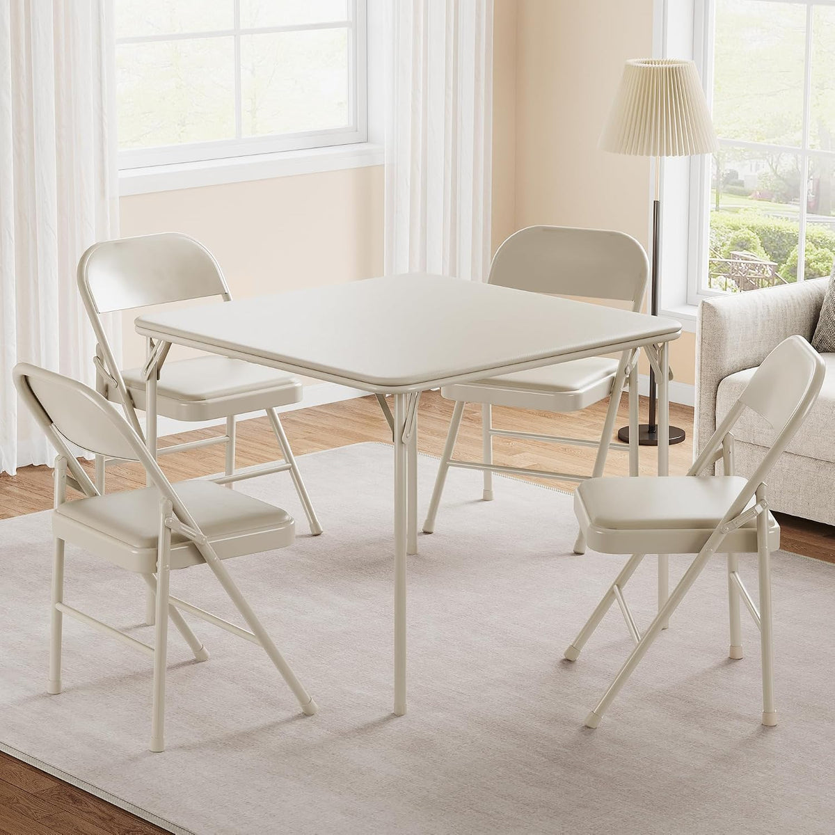 IDEALHOUSE 5-Piece Dining Table Set, Metal Folding Kitchen Table with 4 Upholstered Chairs, Space-Saving Design, Faux Leather Cushions, Beige Modern Square Table for Dining Room, Small Spaces
