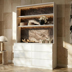 Homsee 92.5" H Lighted Kitchen Pantry Cabinet with 6 Drawers & Charging Station, Kitchen Cupboard w/3-Color LED Lights & Stone-Patterned Back, Storage Cabinet w/Countertop, 63" W Cream White