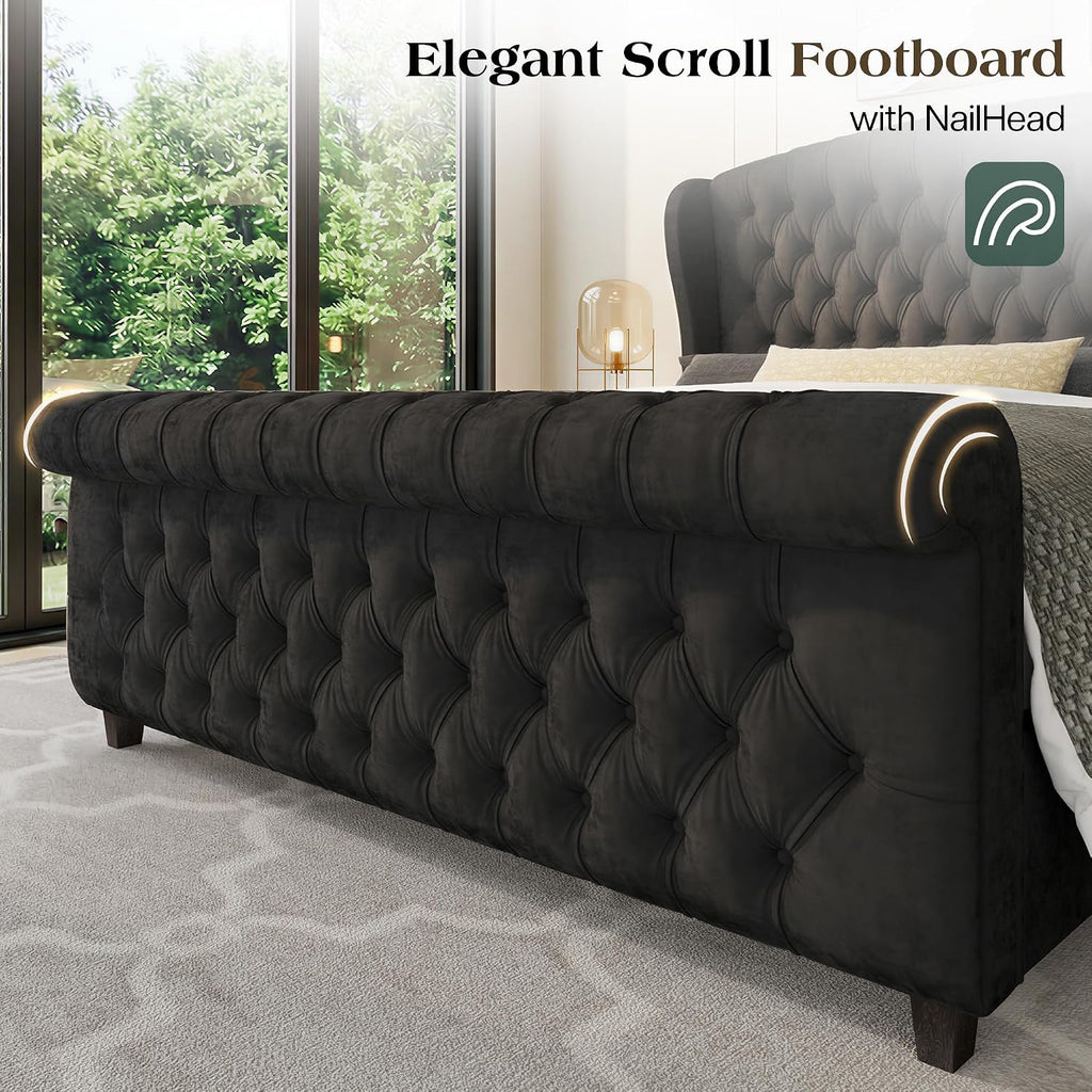 LUXOAK King Size Upholstered Sleigh Bed Frame with Tufted Headboard