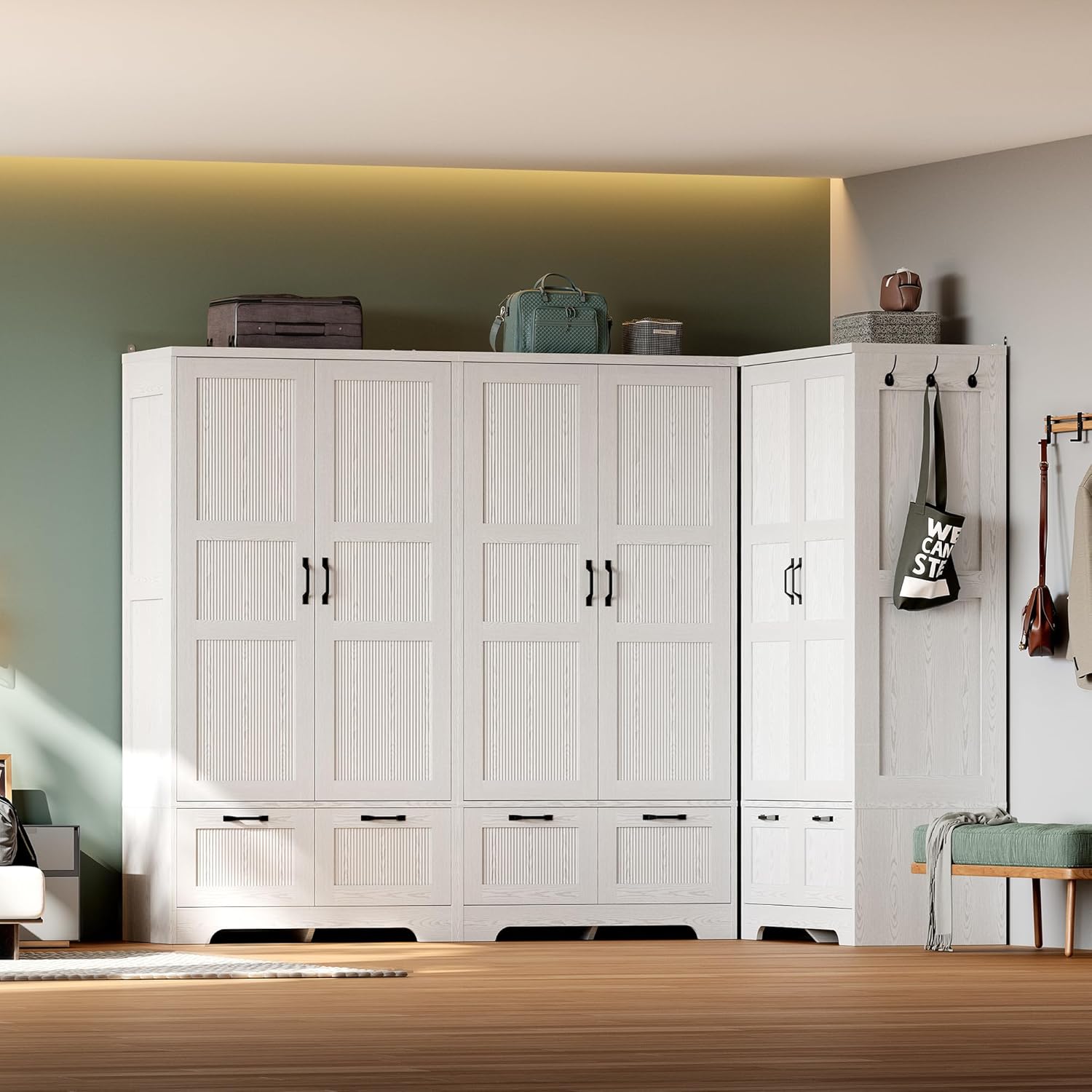 ANCTOR 71" Wooden Armoire Wardrobe Closet with 2 Drawers & Hanging Rod | Freestanding Clothing Storage Cabinet with 2 Doors and Shelves, White