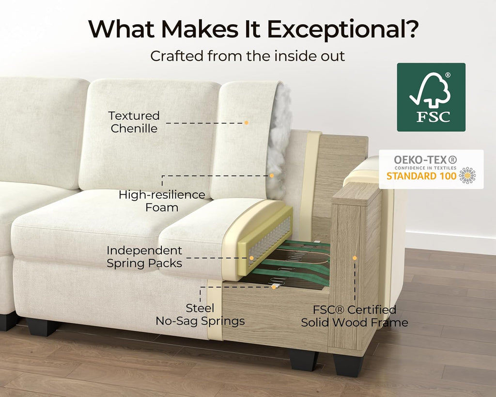 124.8'' Oversized Modular Sofa Comfy Cloud Couch with Storage Wide L-Shaped Sectional Sofa Set with Chaise for Living Room, Covers Washable, 4-Seater with Ottoman, Chenille, White