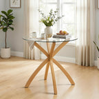 ivinta Small Glass Dining Table for 2-4 People, 31.5" Round Coffee Table with Solid Wood Legs, Mid-Century Modern Kitchen Table for Dining Room, Living Room, Restaurant, CURD-80 (Natural Wood)