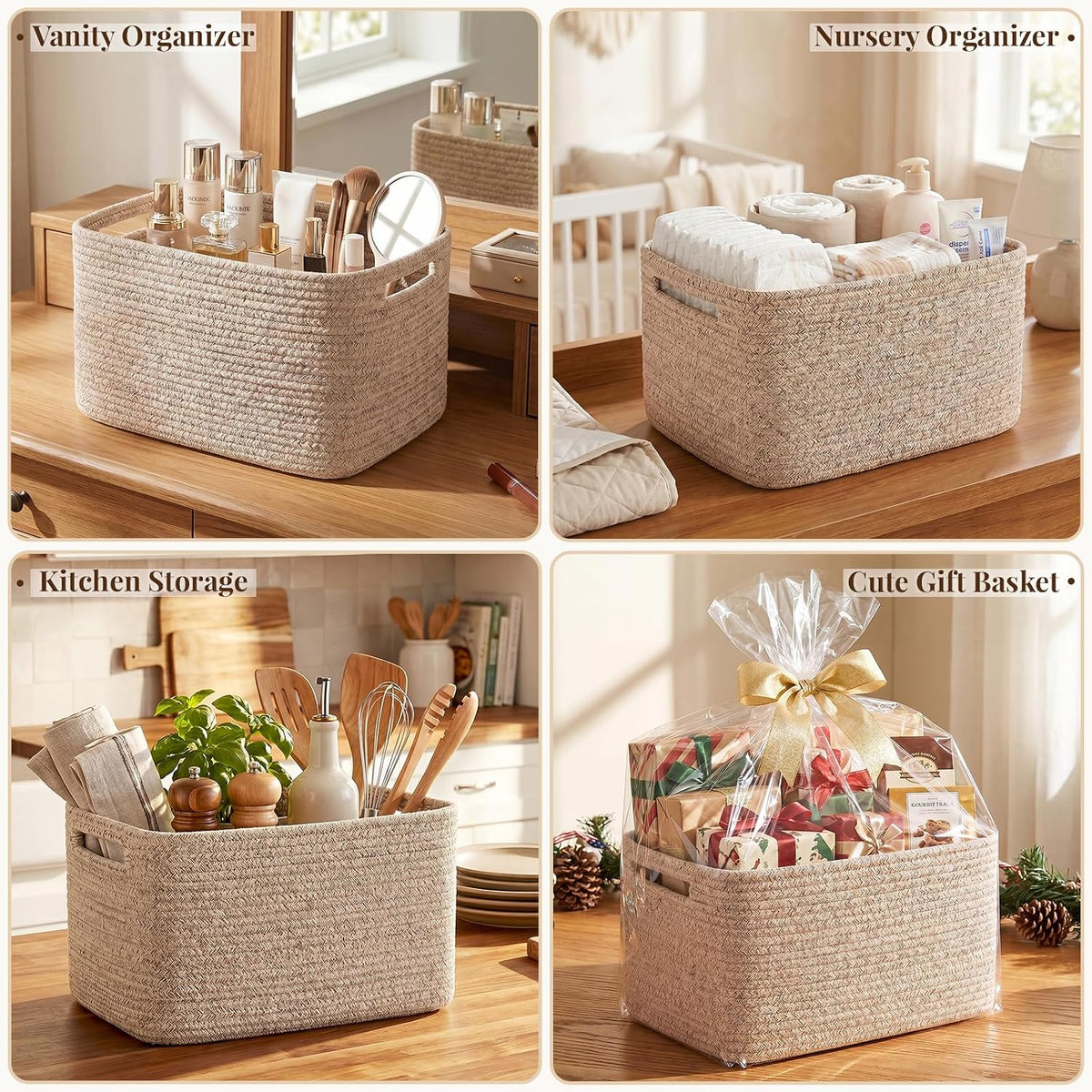 OIASKET 4Packs Natural Cotton Rope Storage Baskets for Organizing Toys, Clothes, Towels & Books, Soft Versatile Organizers for Shelves, Home Decorative Bins, 13''Lx9''Wx7.8''H, Brown