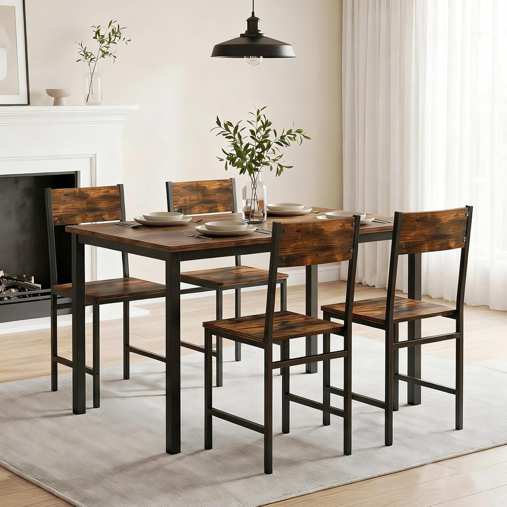 Industrial Dining Chairs Set of 4, Wooden Kitchen Chairs with Slanted Backrests & Metal Legs, 330lb Capacity, Easy to Assemble, Farmhouse Dinner Seats for Living Room, Restaurant , Rustic Brown