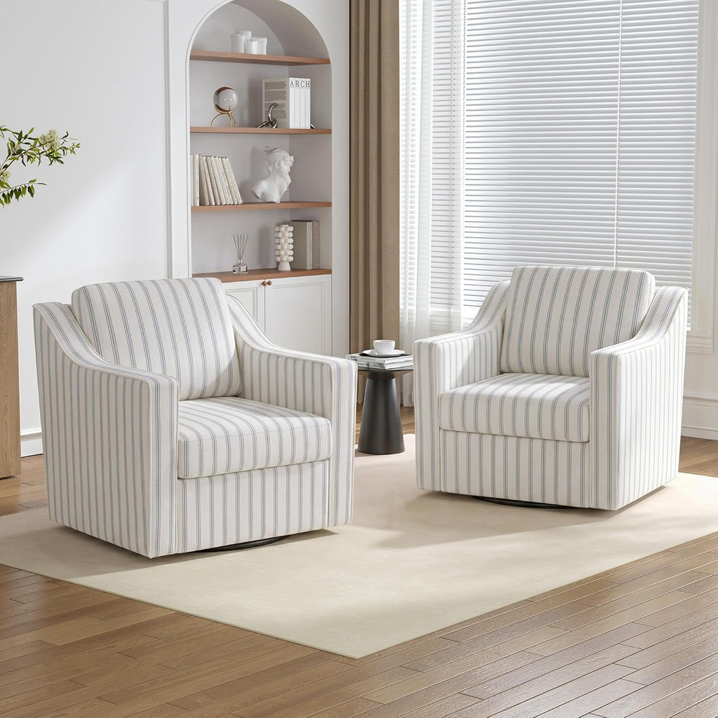 Swivel Accent Chairs Set of 2, 360° Swivel Upholstered Club Armchairs for Living Room, Comfy Reading Chair with Deep Seat, Metal Swivel Base, Pinstripe Light Blue