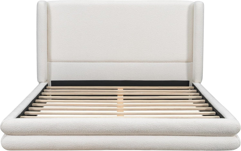Queen Size Boucle Bed Frame, Upholstered Cloud Beds Frames with Headboard, Soft Platform Bed Frame with Thickened Footboard,12 Wooden Legs Support, No Box Spring Required (42" White, Queen)