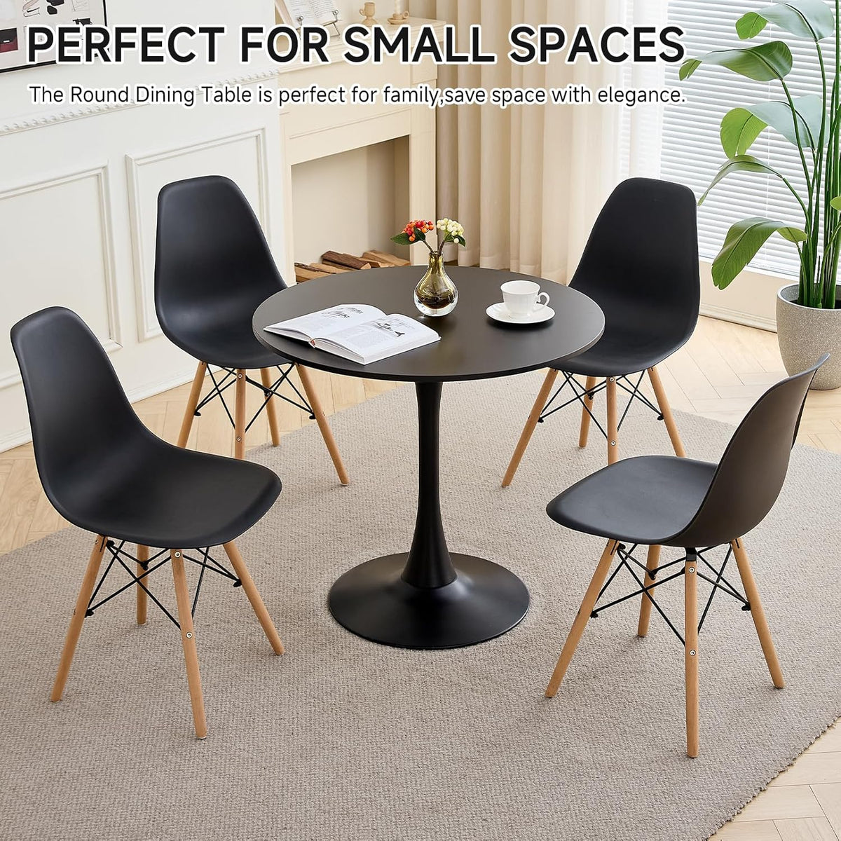 23.6" Small Round Dining Table for 2 4, [Sturdy Metal Tulip Base] Black Modern Circle Kitchen Table, Space Saving, for Dining Room Apartment Office