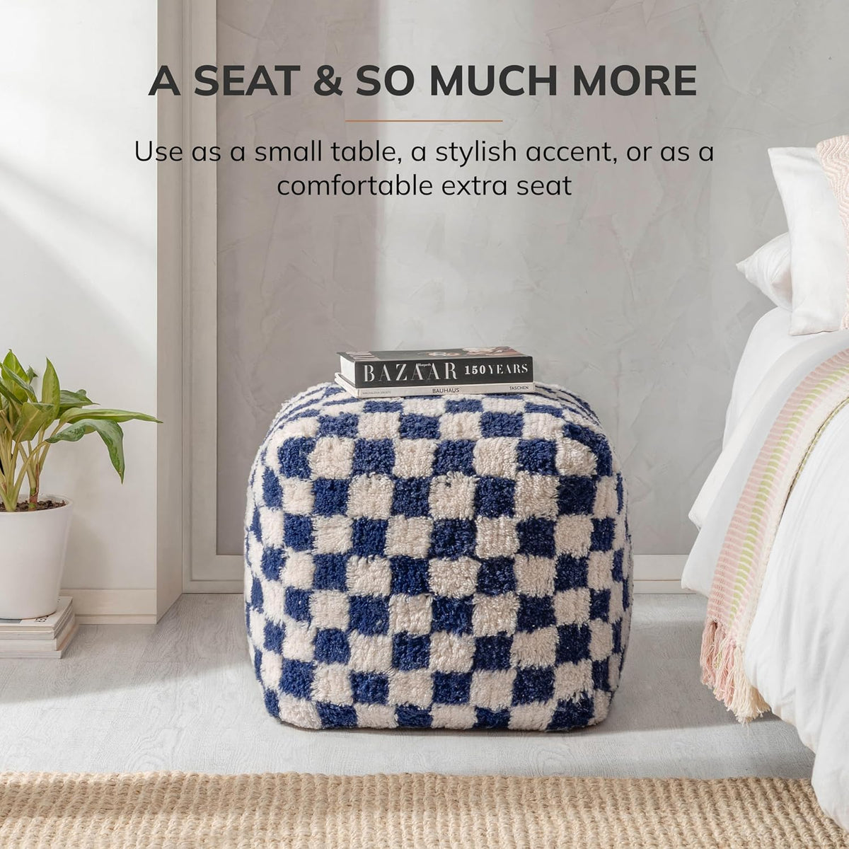 Anji Mountain Artisan Crafted Cotton Blend Pouf Ottoman | Versatile Floor Seating & Footstool for Living Room | Modern Boho Home Décor Accent | Filled Pouffe | Soft & Fluffy Ottoman Pouf, Lightweight, Decorative Floor Pouf Seating for Bedroom & Home