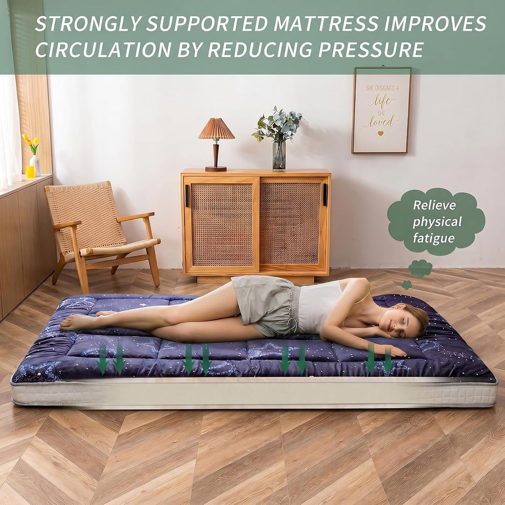 MAXYOYO Futon Mattress, Japanese Floor Mattress Folding Sleeping Pad | Black Moon and Star Quilted Mattress Topper, Extra Thick Breathable Floor Lounger Guest Couch for Camping, Queen