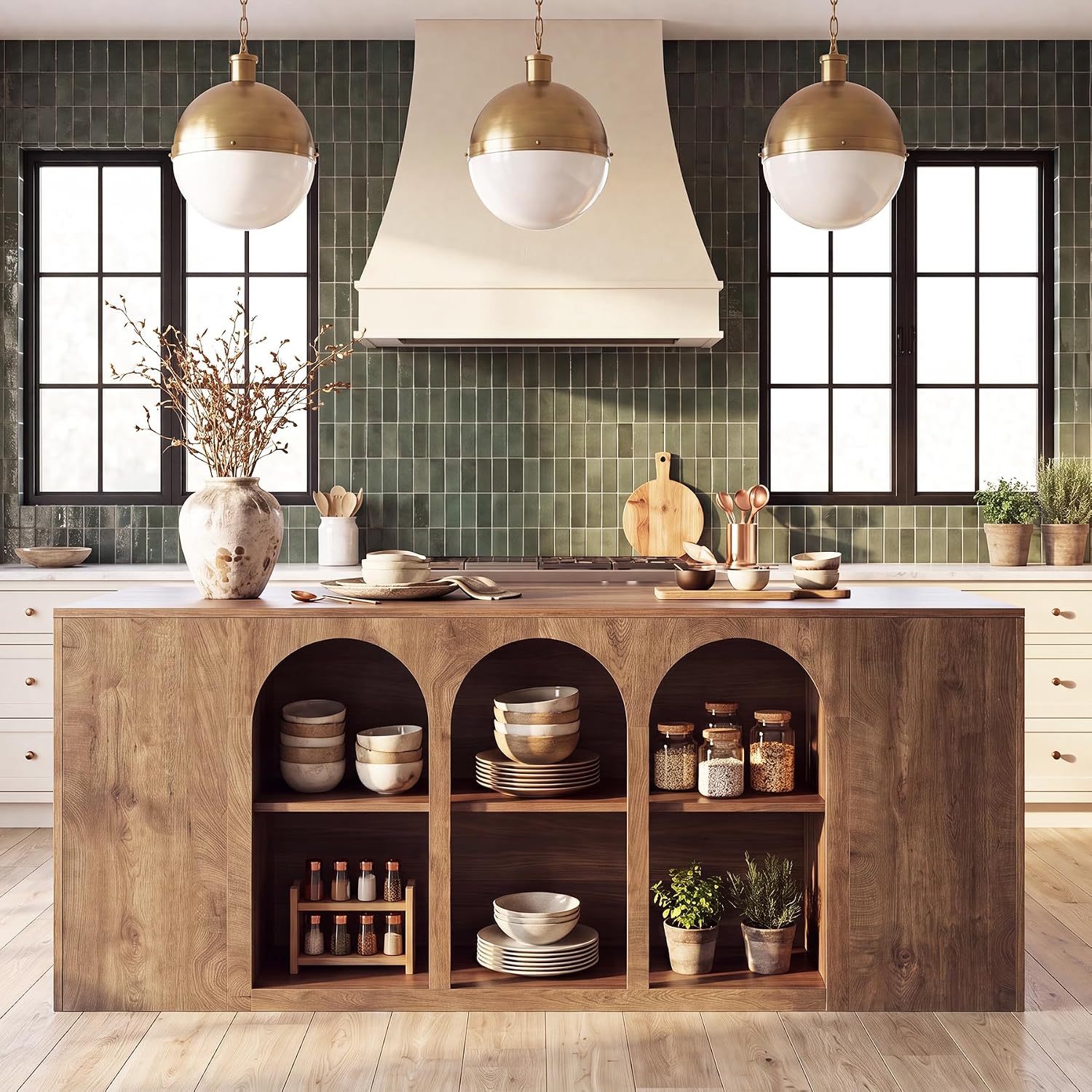 Tribesigns 78.7" Large Kitchen Island Table with Storage & Seating Space | Farmhouse Island Table with Arched Open Shelves, Modern Stationary Island Storage Table for Kitchen Dining Room, Brown