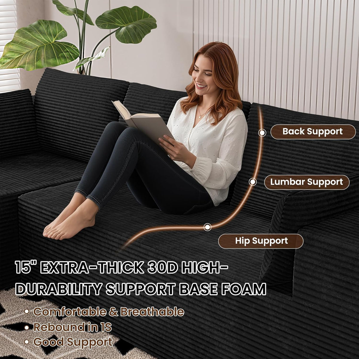106" Cloud Sectional Couches for Living Room, Modular L Shaped Couch with Deep Seat Oversized Left Facing Chaise, Memory Foam Compressed Spineless 3 Seater Sofa for Bedroom Apartment, Black