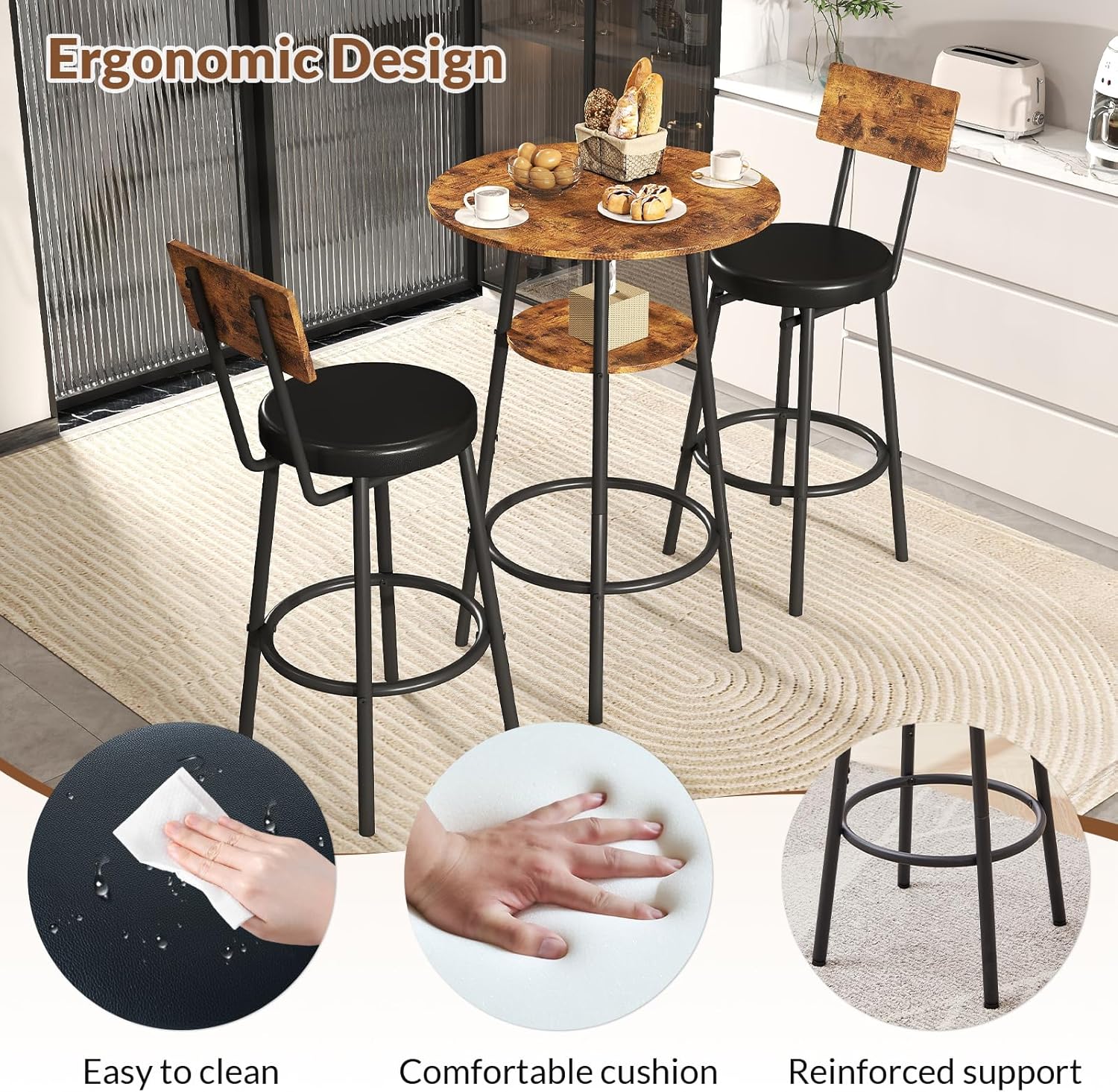 Zevemomo 3 Pieces Round Bar Table Set, Small Dining Table for 2, Modern Kitchen Bar Table, Breakfast Table with Storage, 2 Thickened Cushion Stools with Backrest for Dining Room, Bistro-Brown