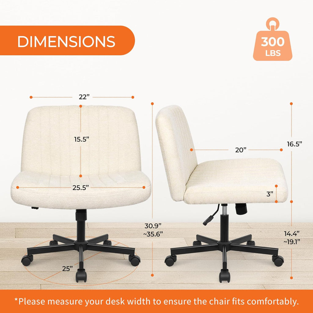 Orange Factory Criss Cross Chair, Wide Fabric Vanity Desk Seat, Beige Wheel | Cross-Legged with 360° Swivel, Height Adjustable, Smooth and Silent Wheels, Comfy Seating for Office, Desk, or Computer Use