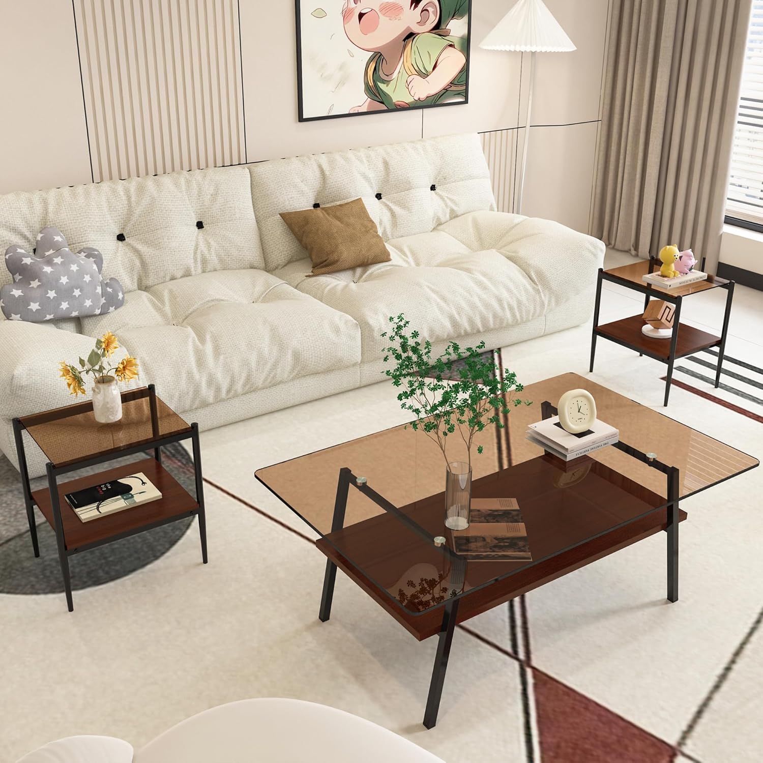 Glass End Table Set of 2, Rectangle Living Room Sofa Side Table, with BrownTempered Glass Tabletop,Black Iron Leg and Brown MDF Layer,for Living Room, Bedroom and Office, Brown