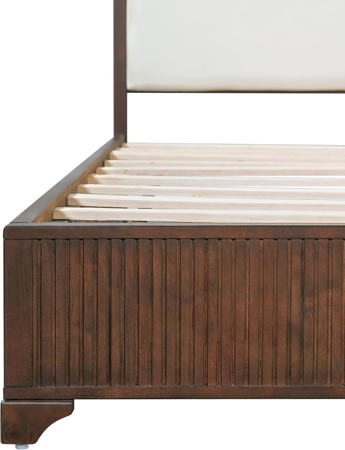 King Size Wood Platform Bed with Fluted Footboard & Fabric Upholstered Headboard, Low Profile Wooden Bed Frame with Wood Slats Support, Dark Walnut,White
